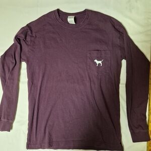 PINK Victoria’s Secret Maroon Long Sleeve Pocket Tee Dog Logo Small